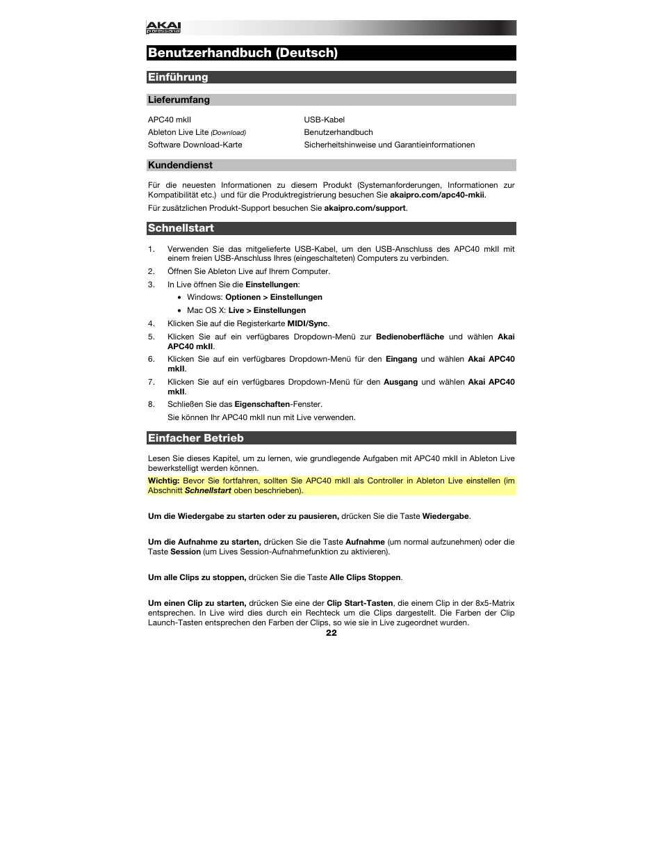 Benutzerhandbuch (deutsch), Einführung, Lieferumfang | Kundendienst, Schnellstart, Einfacher betrieb, Benutzerhandbuch, Deutsch ( 22 – 26 ) | Akai APC40 User Manual | Page 22 / 28