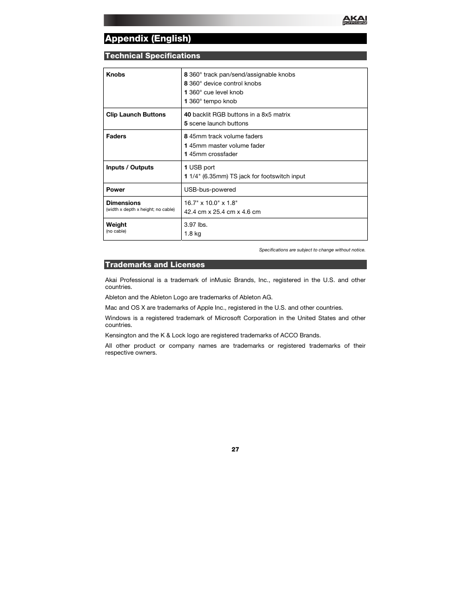 Appendix (english), Technical specifications, Trademarks and licenses | Appendix, English ( 27 ) | Akai APC40 User Manual | Page 27 / 28