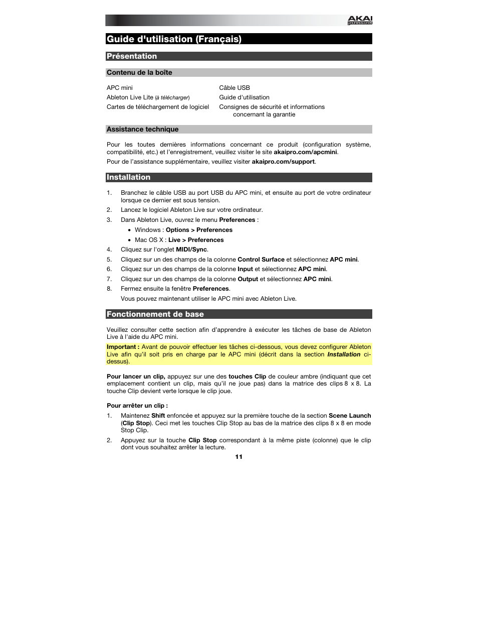 Guide d'utilisation (français), Présentation, Contenu de la boîte | Assistance technique, Installation, Fonctionnement de base, Guide d'utilisation, Français ( 11 – 14 ) | Akai APC mini User Manual | Page 11 / 24