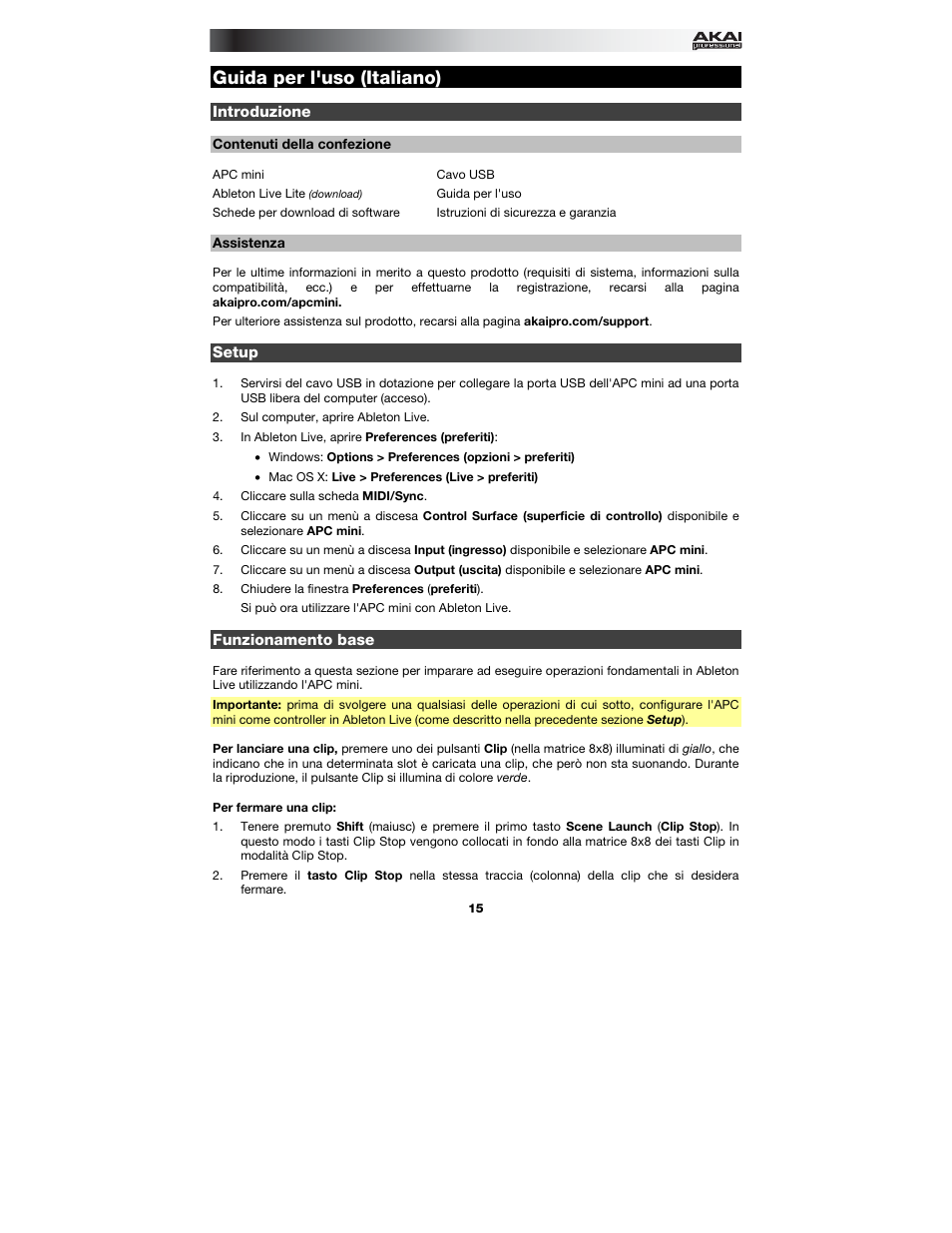 Guida per l'uso (italiano), Introduzione, Contenuti della confezione | Assistenza, Setup, Funzionamento base, Guida per l'uso, Italiano ( 15 – 18 ) | Akai APC mini User Manual | Page 15 / 24