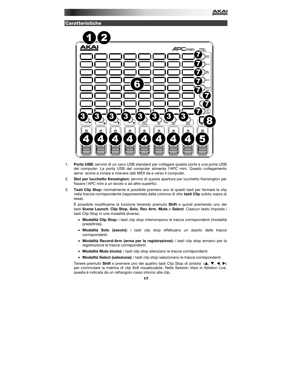 Caratteristiche | Akai APC mini User Manual | Page 17 / 24