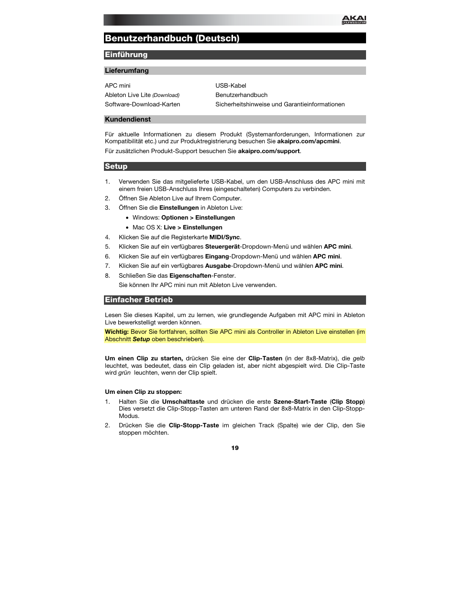 Benutzerhandbuch (deutsch), Einführung, Lieferumfang | Kundendienst, Setup, Einfacher betrieb, Benutzerhandbuch, Deutsch ( 19 – 22 ) | Akai APC mini User Manual | Page 19 / 24