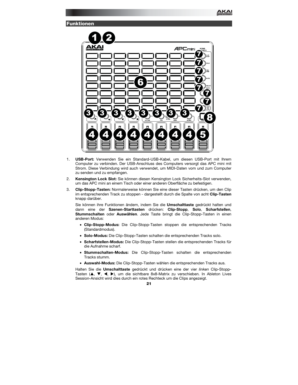 Funktionen | Akai APC mini User Manual | Page 21 / 24
