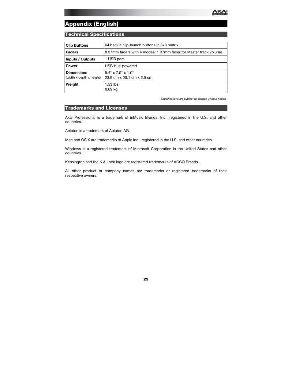 Appendix (english), Technical specifications, Trademarks and licenses | Appendix, English ( 23 ) | Akai APC mini User Manual | Page 23 / 24