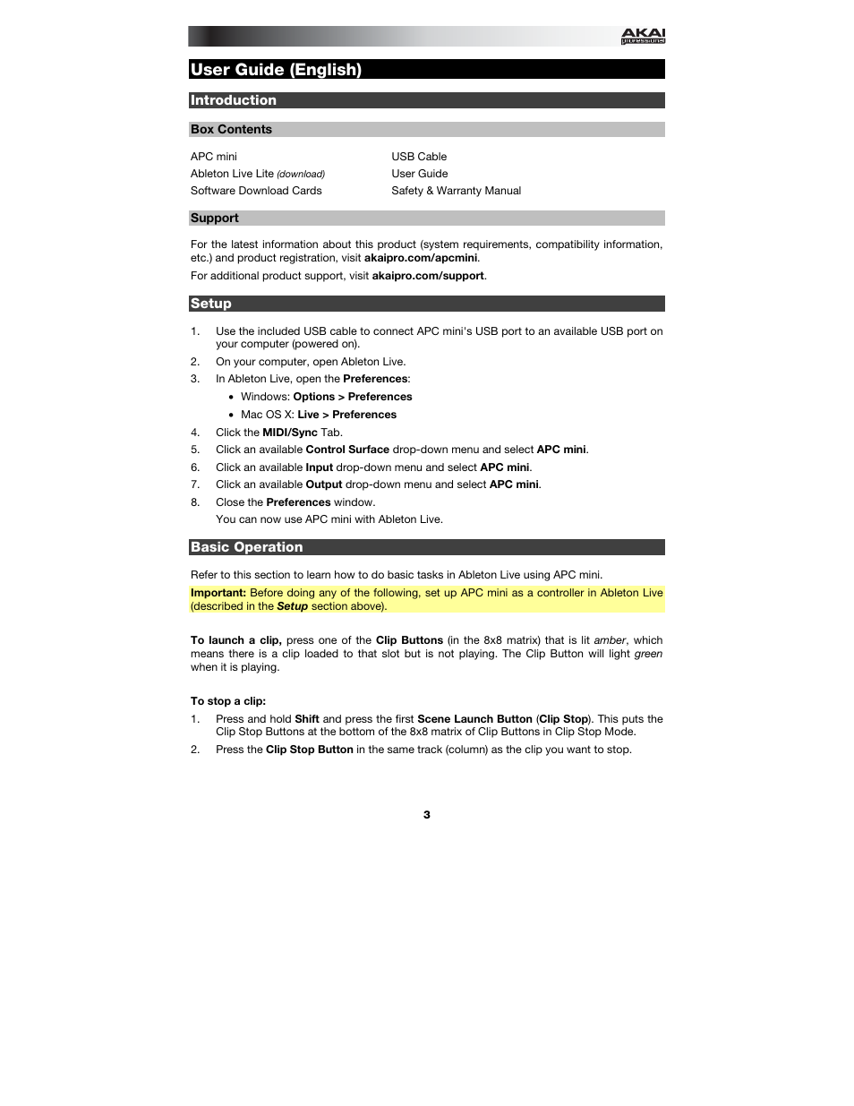 User guide (english), Introduction, Box contents | Support, Setup, Basic operation, User guide, English ( 3 – 6 ) | Akai APC mini User Manual | Page 3 / 24