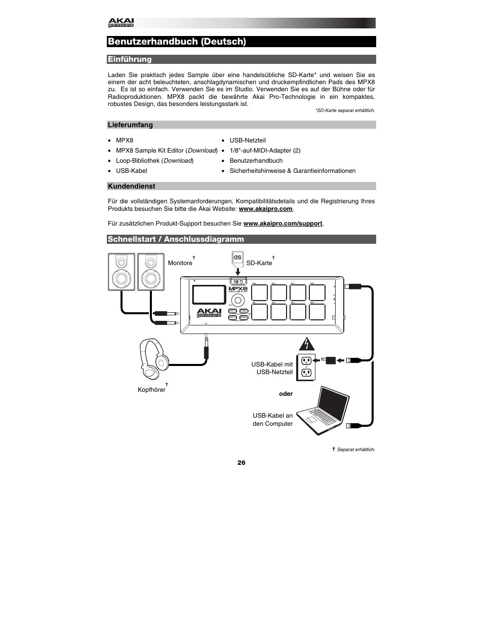 Benutzerhandbuch (deutsch), Einführung, Lieferumfang | Kundendienst, Schnellstart / anschlussdiagramm, Benutzerhandbuch, Deutsch ( 26 – 31 ) | Akai mpx8 User Manual | Page 26 / 36