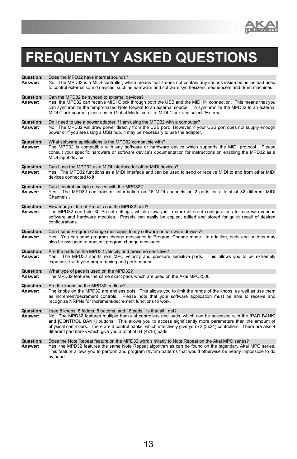 Frequently asked questions | Akai mpd32 User Manual | Page 13 / 76