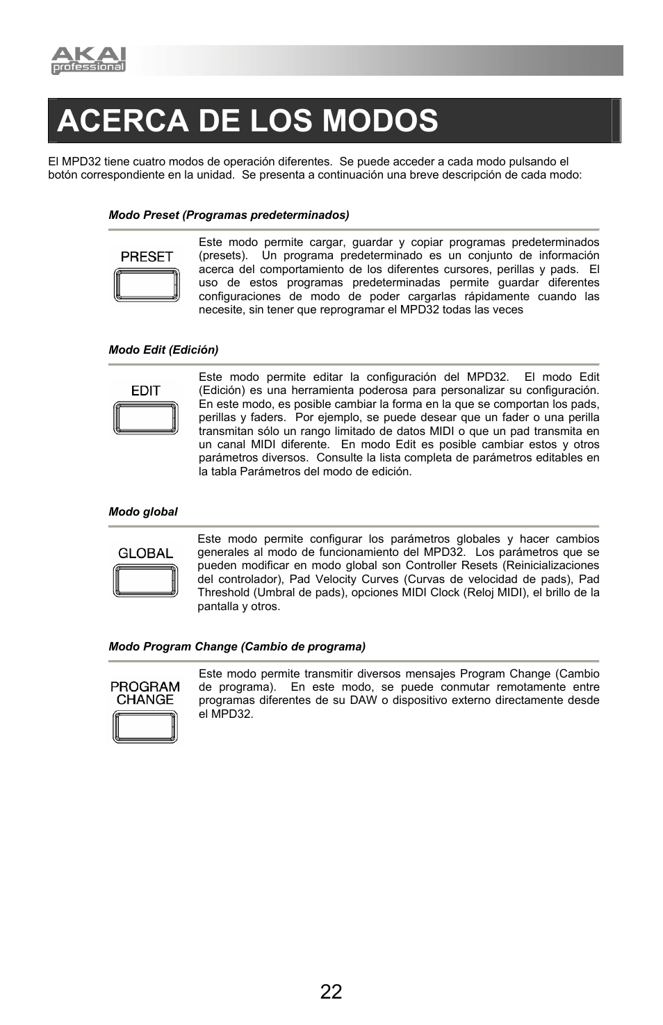 Acerca de los modos | Akai mpd32 User Manual | Page 22 / 76