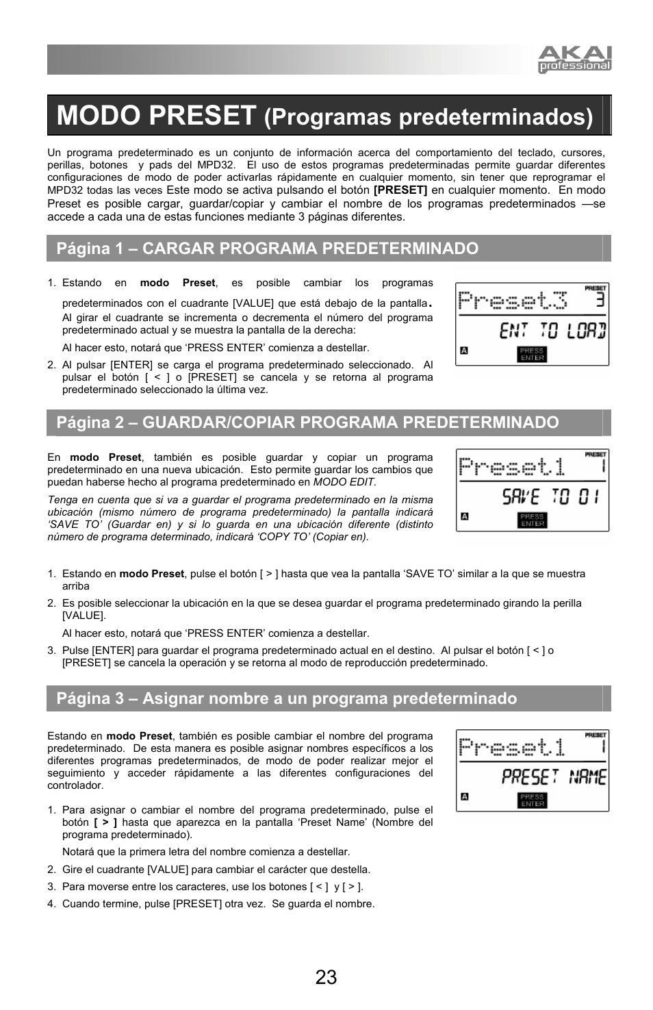 Modo preset, Programas predeterminados), Página 1 – cargar programa predeterminado | Página 2 – guardar/copiar programa predeterminado | Akai mpd32 User Manual | Page 23 / 76