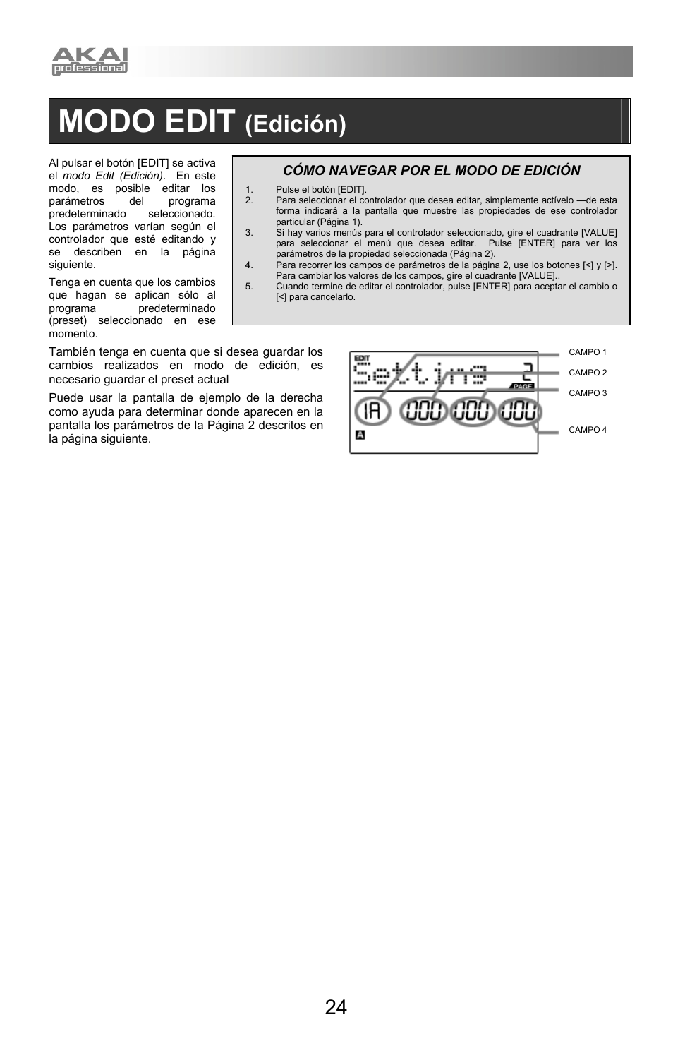 Modo edit, Edición), Cómo navegar por el modo de edición | Akai mpd32 User Manual | Page 24 / 76