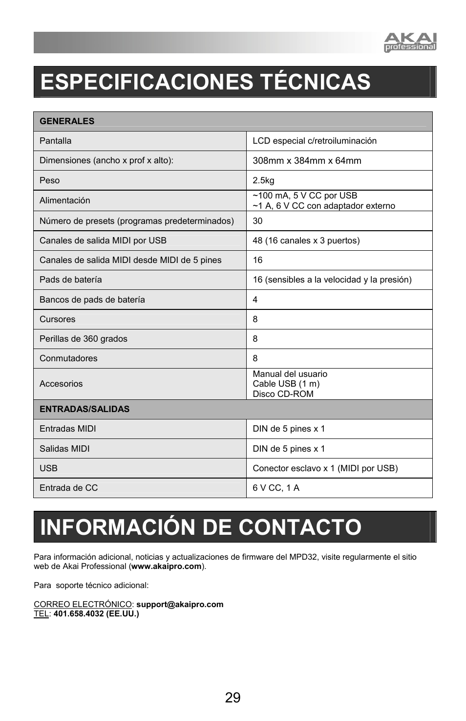 Especificaciones técnicas, Información de contacto | Akai mpd32 User Manual | Page 29 / 76