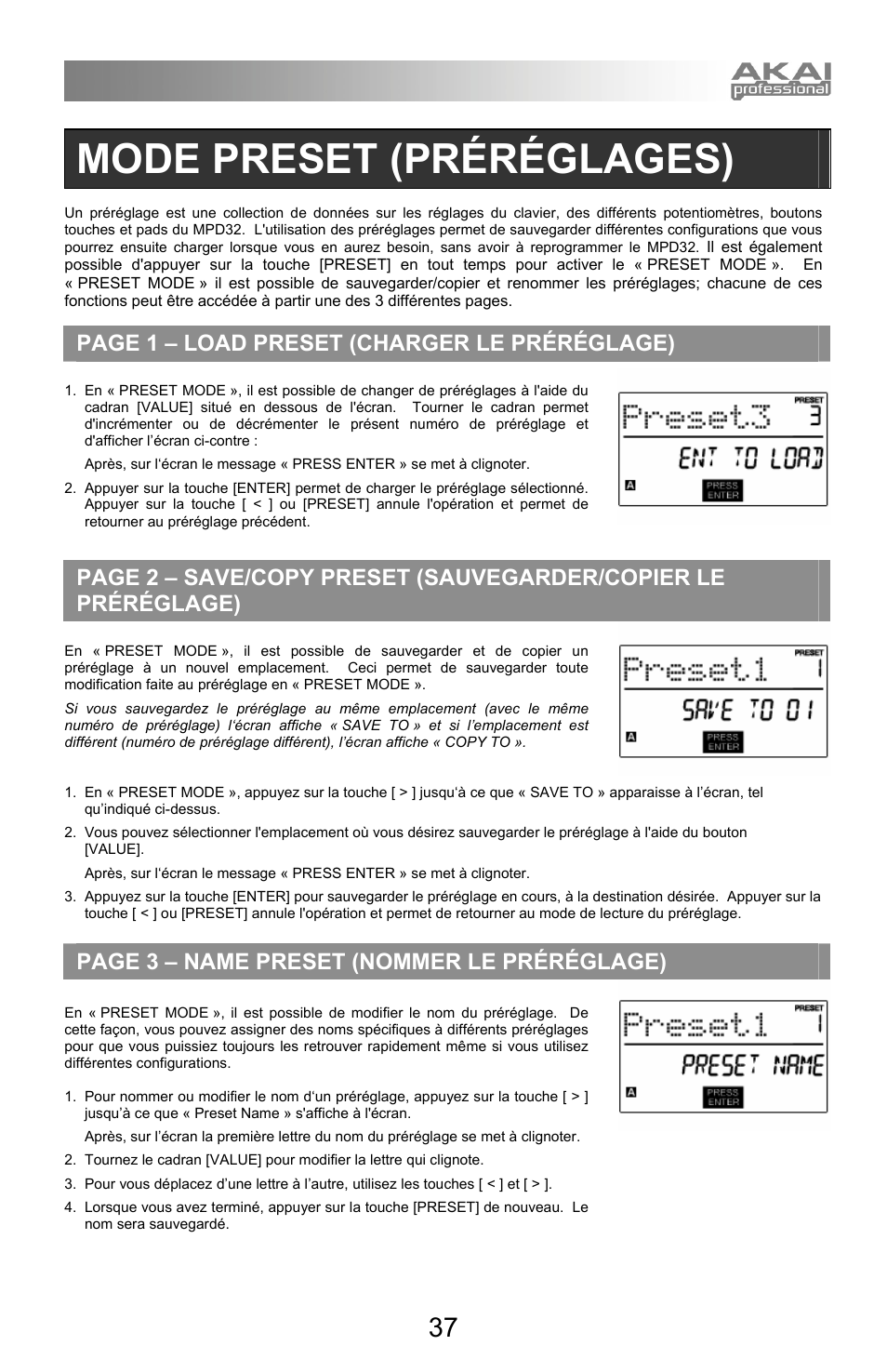 Mode preset (préréglages), Page 1 – load preset (charger le préréglage), Page 3 – name preset (nommer le préréglage) | Akai mpd32 User Manual | Page 37 / 76