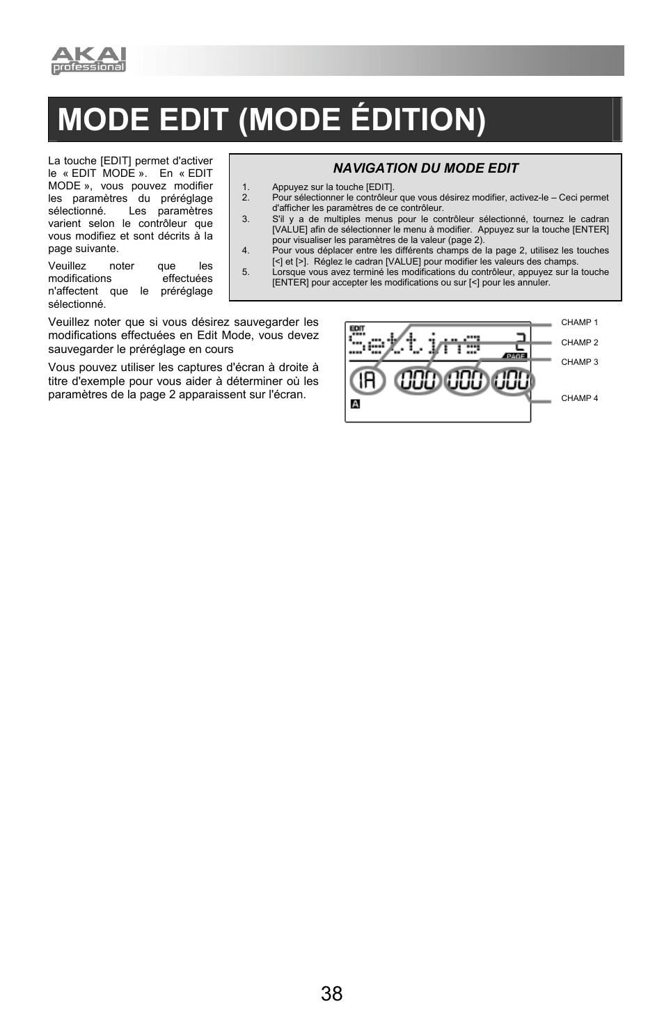 Mode edit (mode édition), Navigation du mode edit | Akai mpd32 User Manual | Page 38 / 76