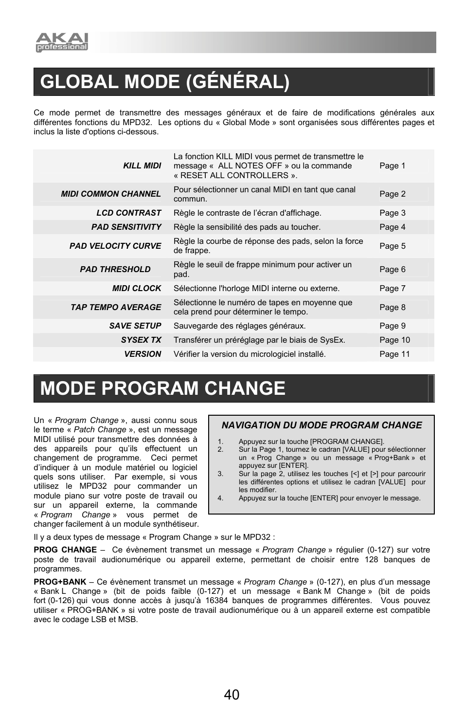 Global mode (général), Mode program change, Navigation du mode program change | Akai mpd32 User Manual | Page 40 / 76