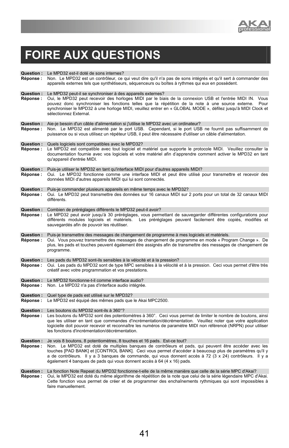 Foire aux questions | Akai mpd32 User Manual | Page 41 / 76