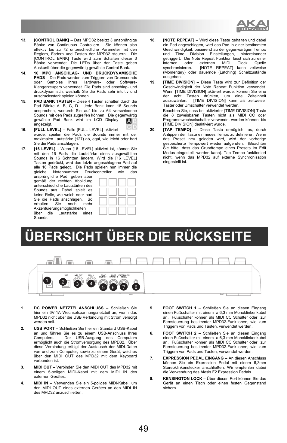 Übersicht über die rückseite | Akai mpd32 User Manual | Page 49 / 76