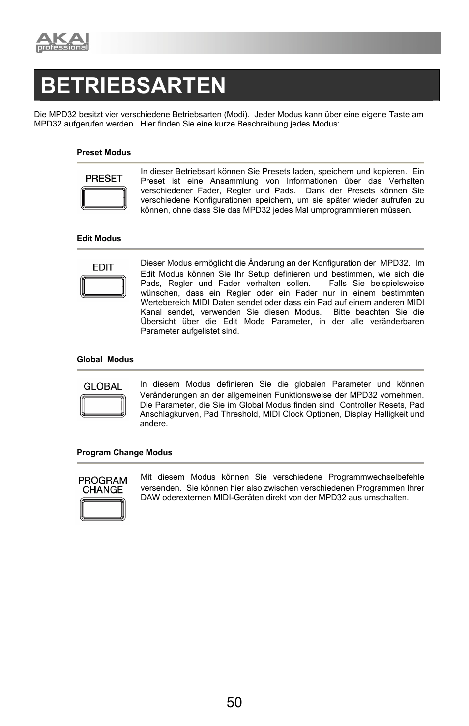 Betriebsarten | Akai mpd32 User Manual | Page 50 / 76