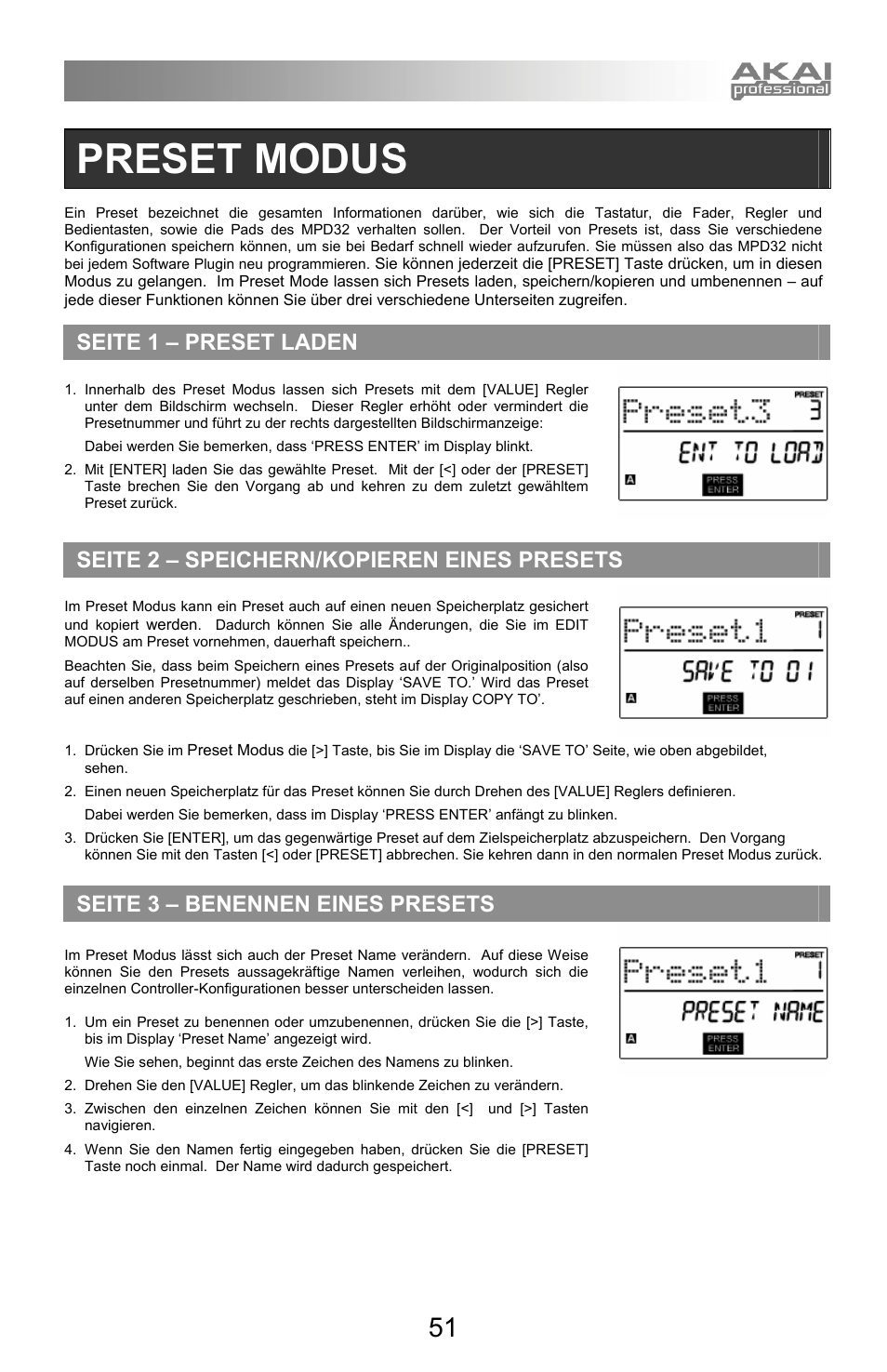 Preset modus, Seite 1 – preset laden, Seite 2 – speichern/kopieren eines presets | Seite 3 – benennen eines presets | Akai mpd32 User Manual | Page 51 / 76