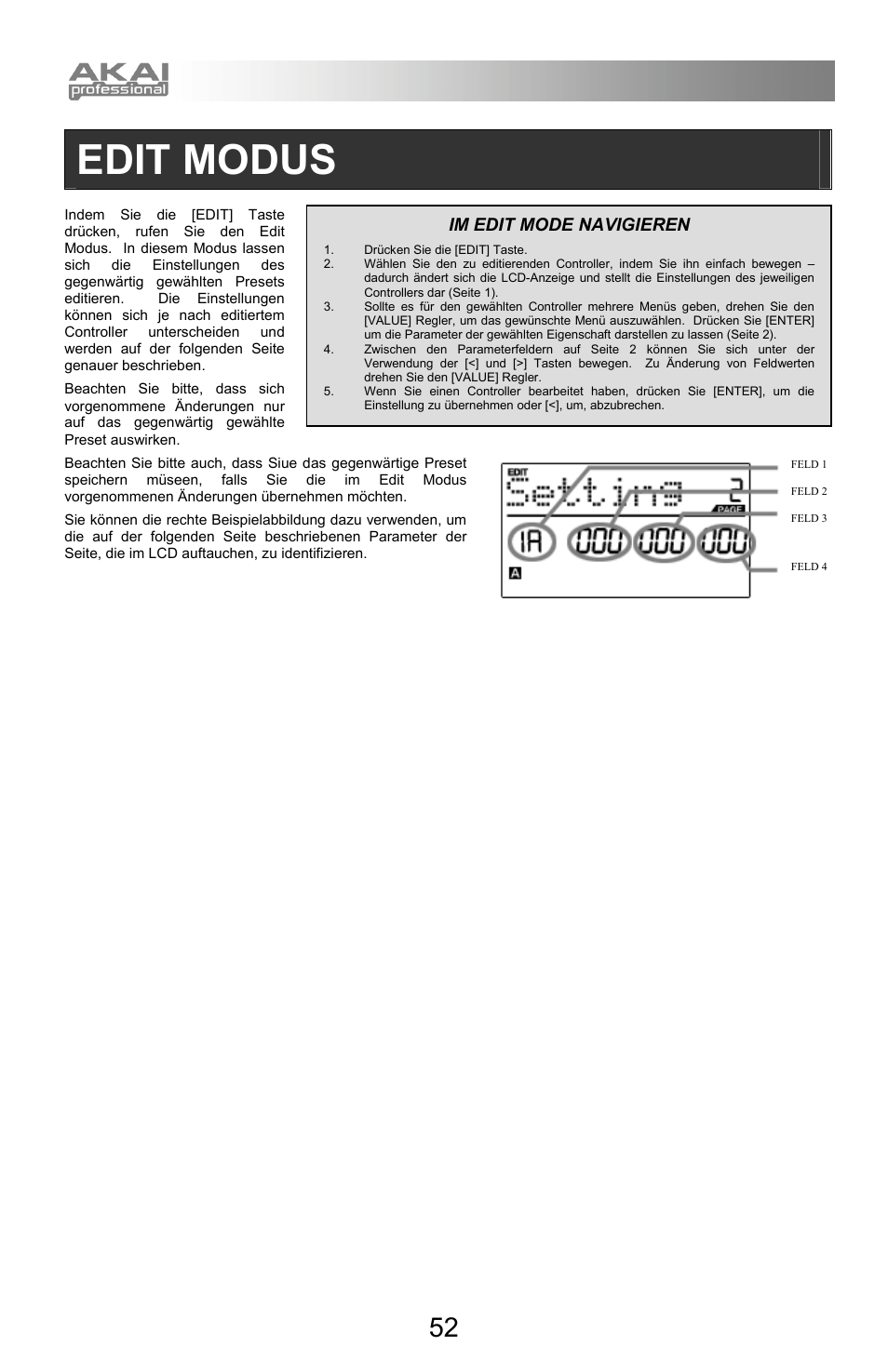 Edit modus, Im edit mode navigieren | Akai mpd32 User Manual | Page 52 / 76