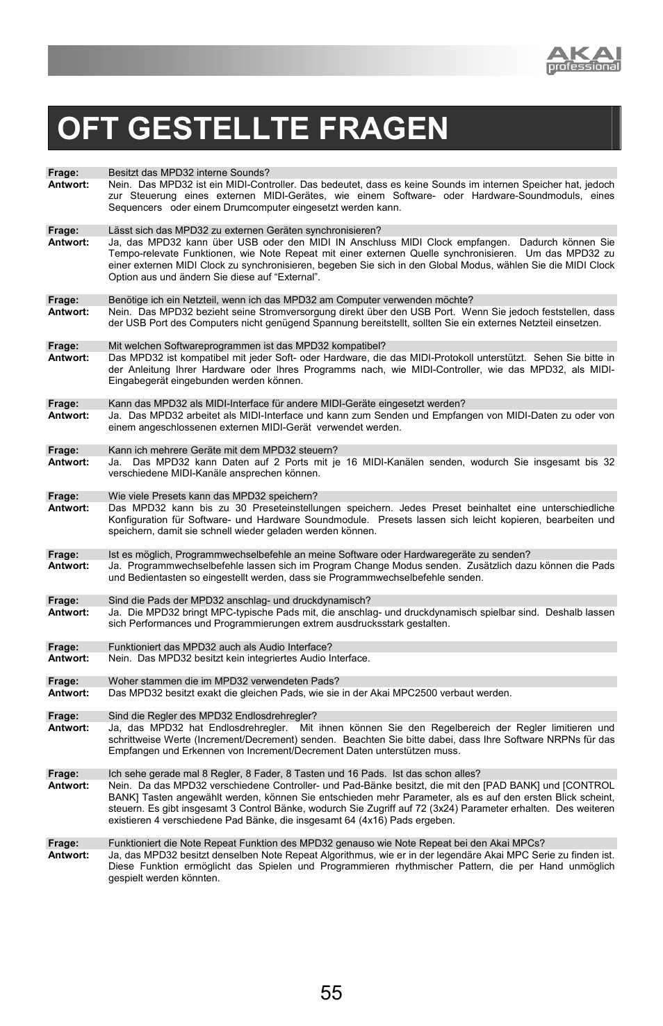 Oft gestellte fragen | Akai mpd32 User Manual | Page 55 / 76