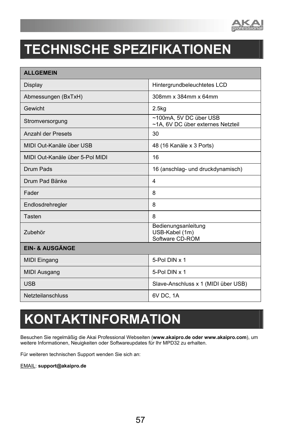 Technische spezifikationen, Kontaktinformation | Akai mpd32 User Manual | Page 57 / 76