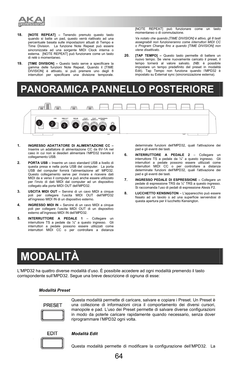 Modalità, Panoramica pannello posteriore | Akai mpd32 User Manual | Page 64 / 76
