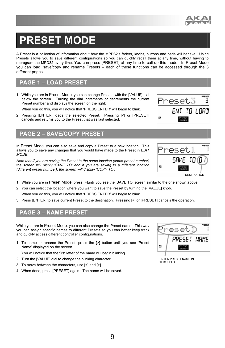Preset mode, Page 1 – load preset, Page 2 – save/copy preset | Page 3 – name preset | Akai mpd32 User Manual | Page 9 / 76