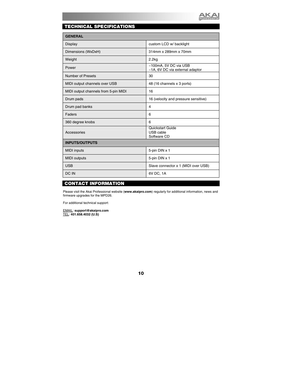 Technical specifications, Contact information | Akai mpd26 User Manual | Page 11 / 52