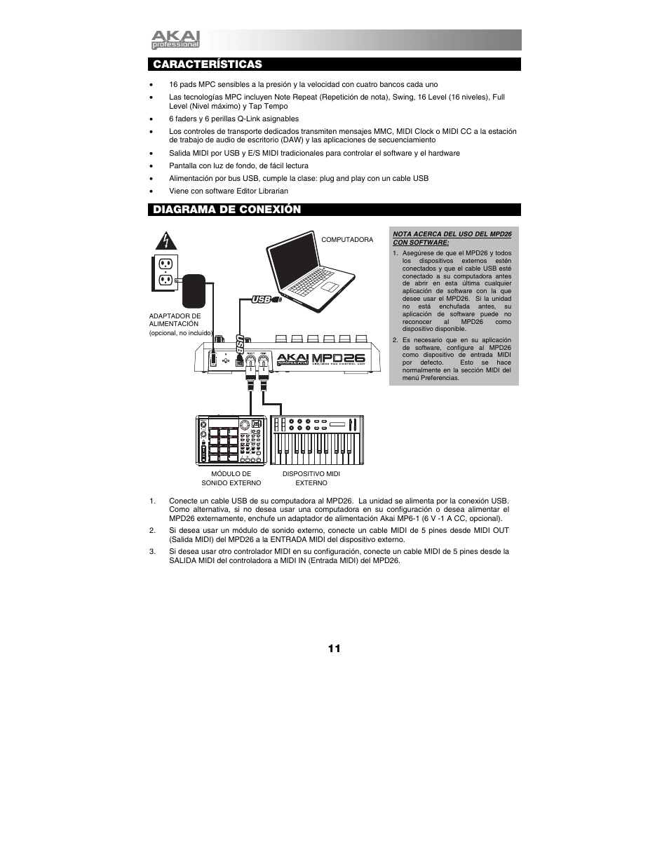 Español, Características, Diagrama de conexión | Akai mpd26 User Manual | Page 12 / 52