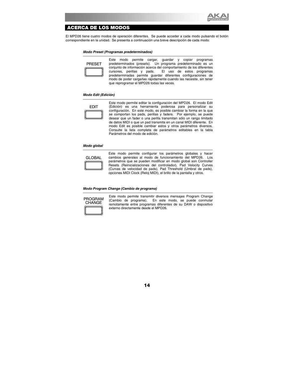 Acerca de los modos | Akai mpd26 User Manual | Page 15 / 52