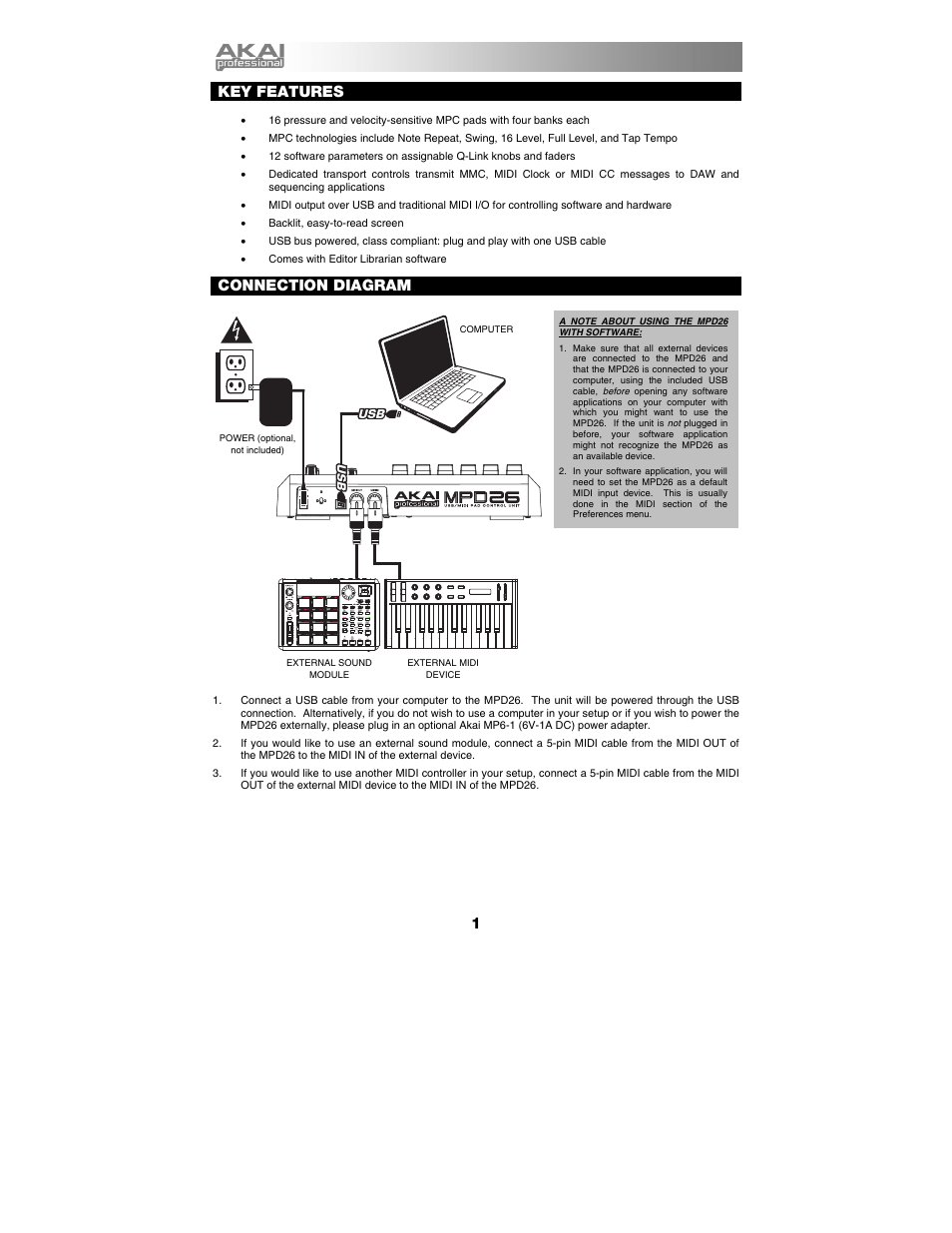 English, Key features, Connection diagram | Akai mpd26 User Manual | Page 2 / 52