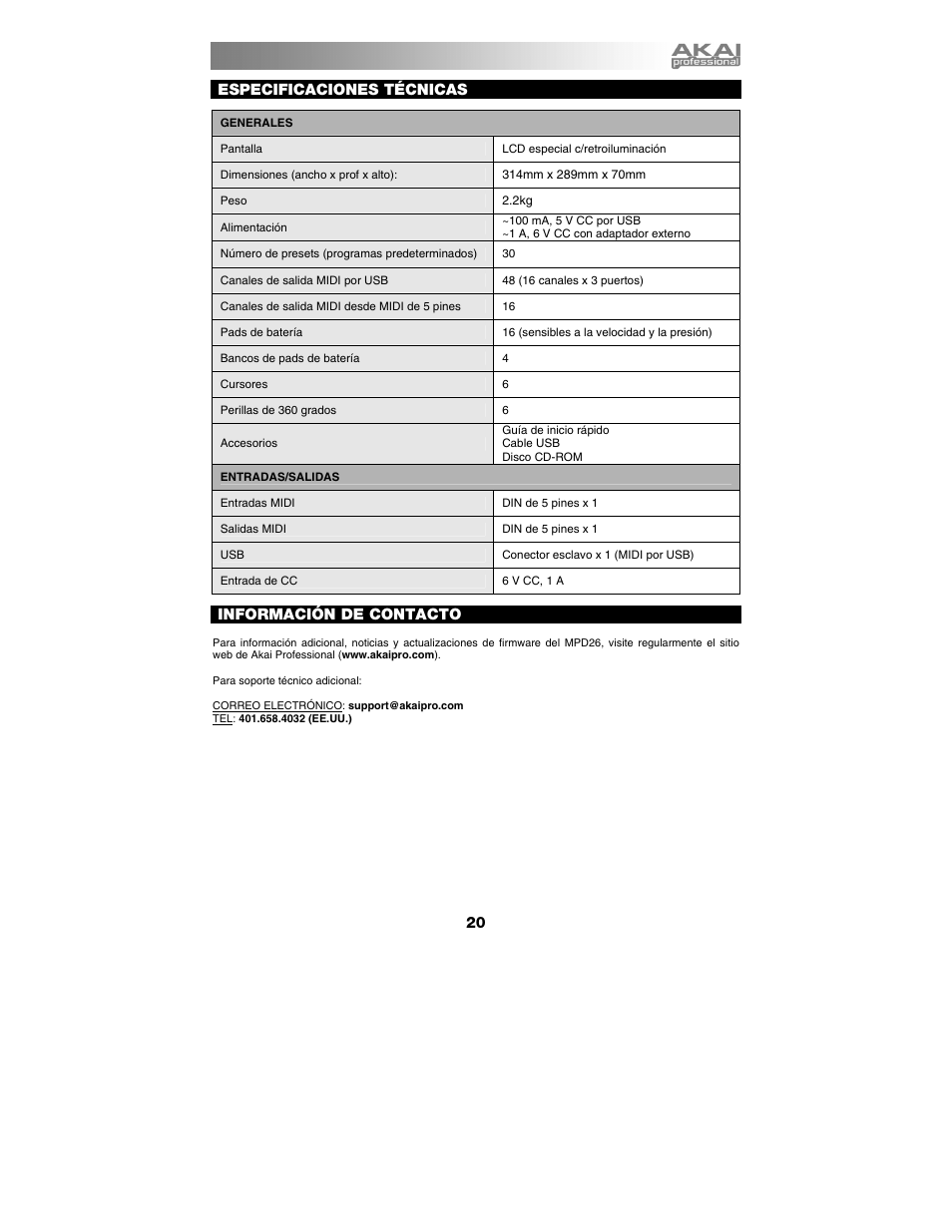 Especificaciones técnicas, Información de contacto | Akai mpd26 User Manual | Page 21 / 52
