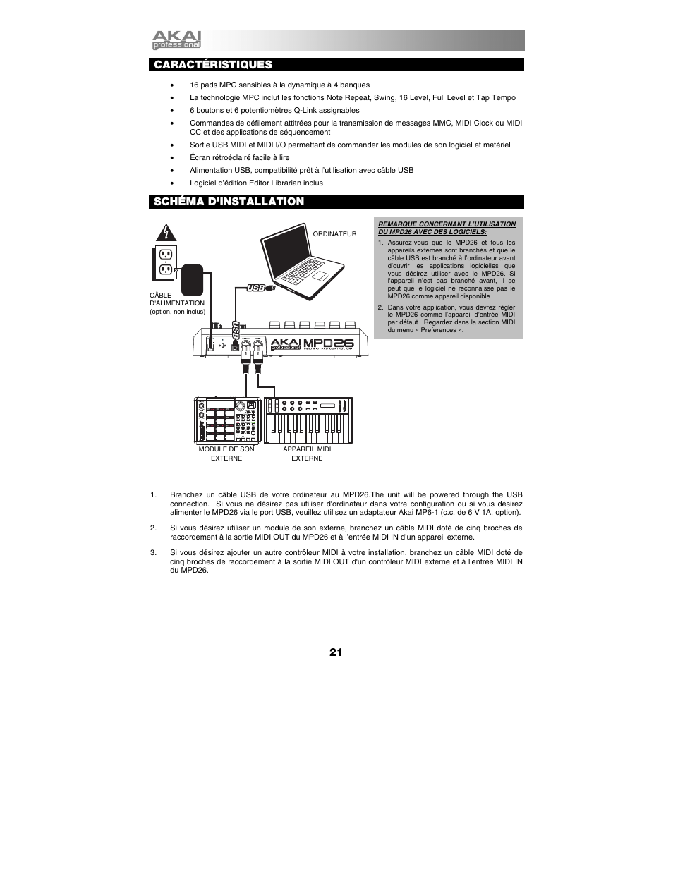 Français, Caractéristiques, Schéma d'installat | Schéma d'installation | Akai mpd26 User Manual | Page 22 / 52