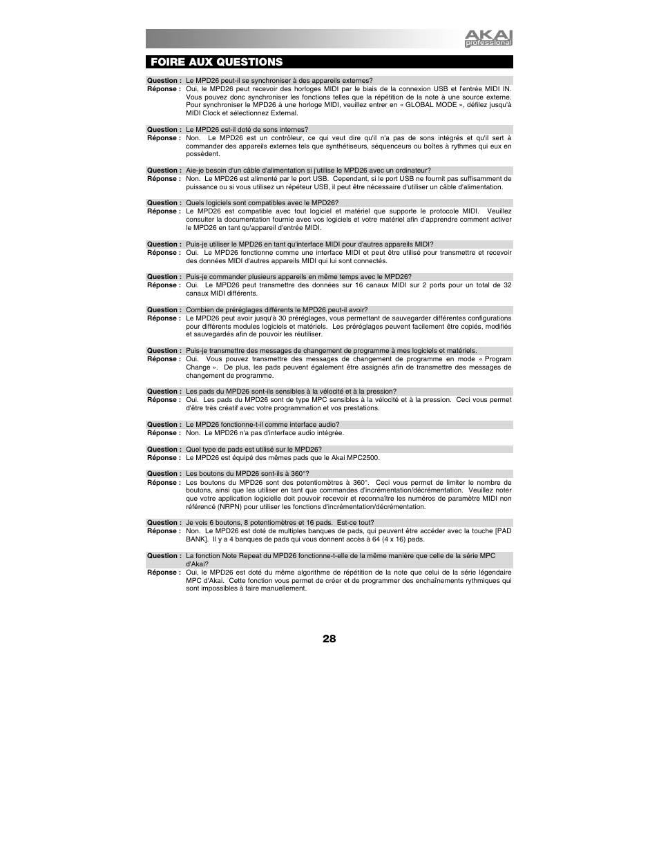 Foire aux questions | Akai mpd26 User Manual | Page 29 / 52