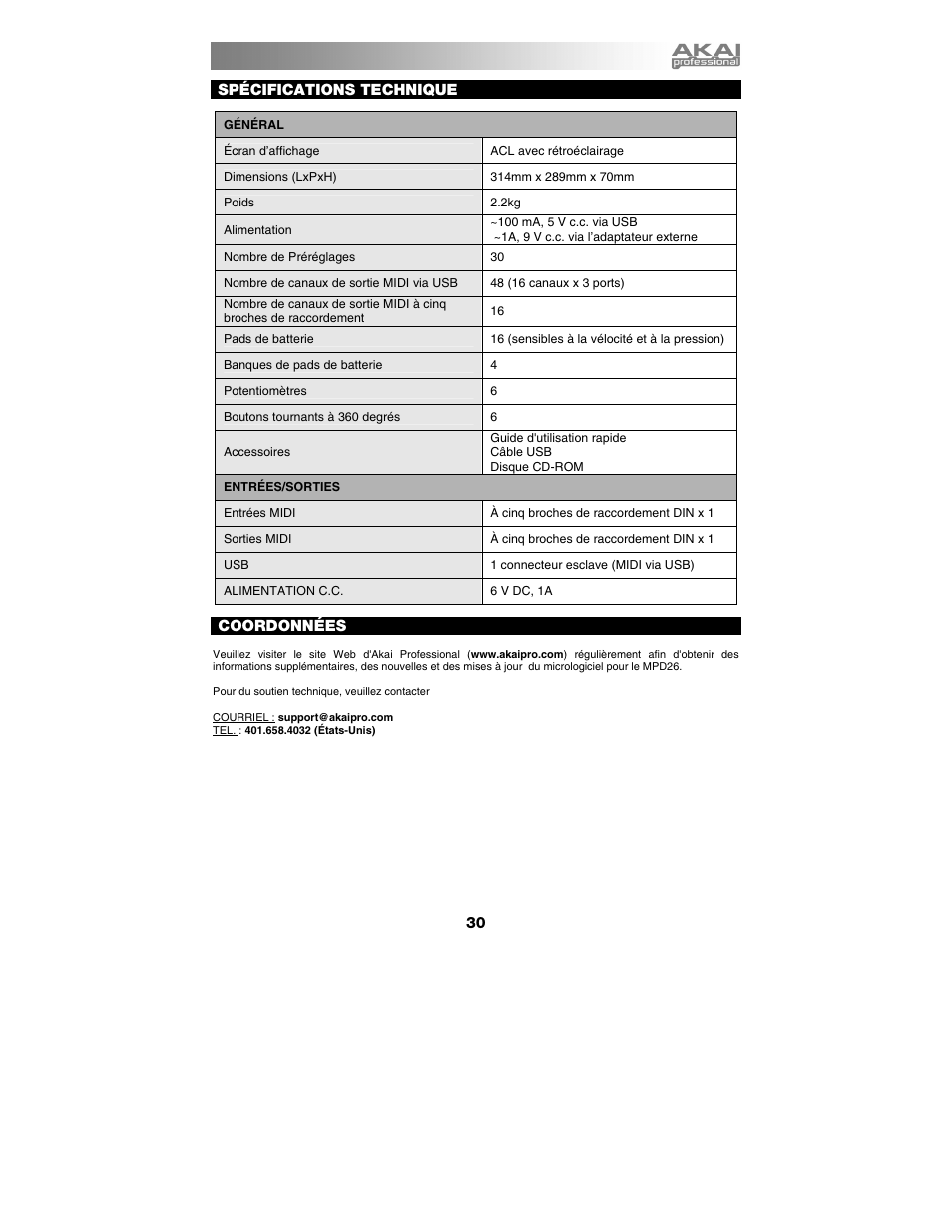 Spécifications technique, Coordonnées | Akai mpd26 User Manual | Page 31 / 52