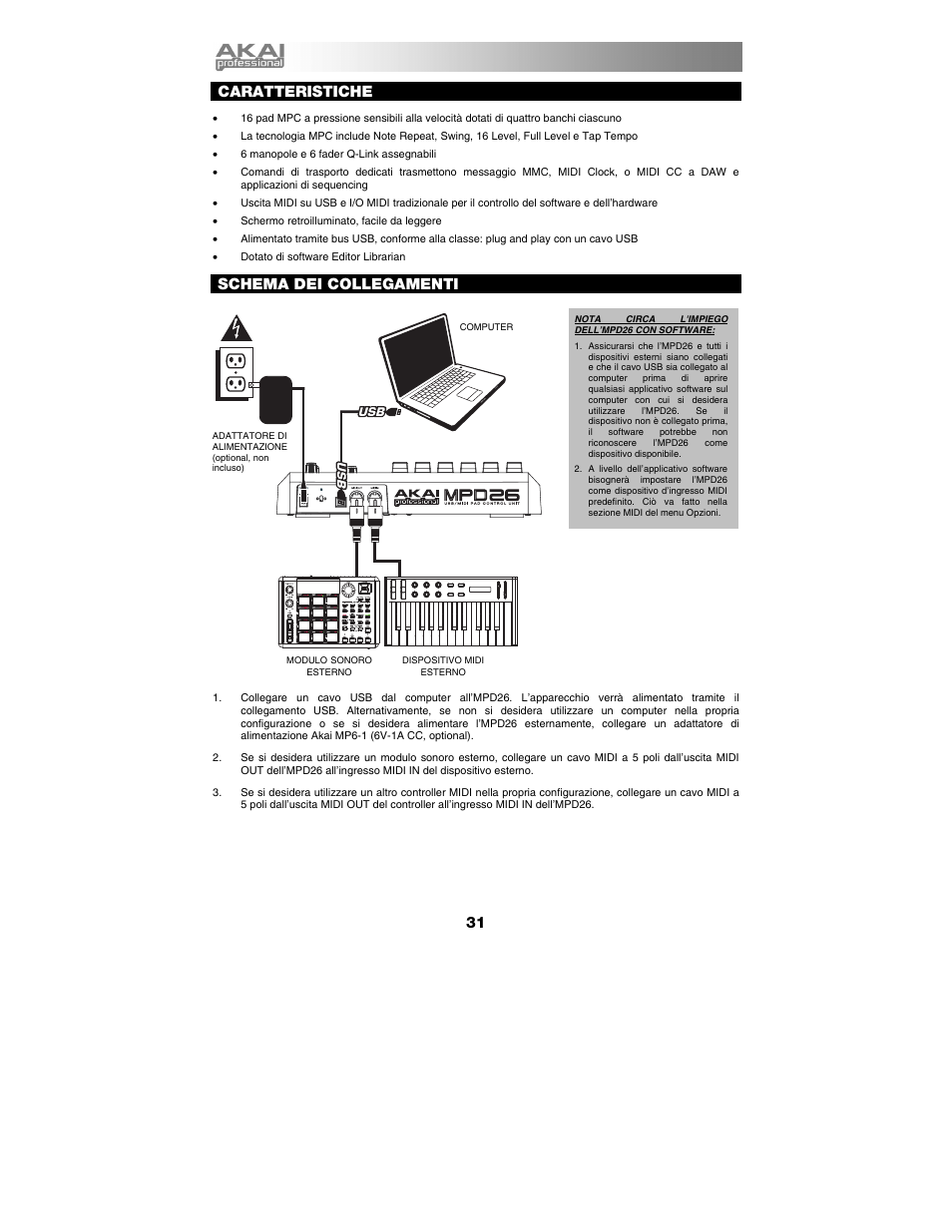 Italiano, Caratteristiche, Schema dei collegamenti | Akai mpd26 User Manual | Page 32 / 52