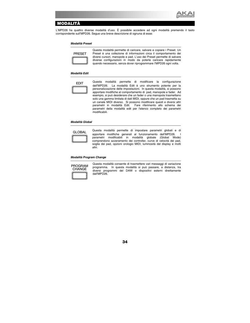 Modalità | Akai mpd26 User Manual | Page 35 / 52