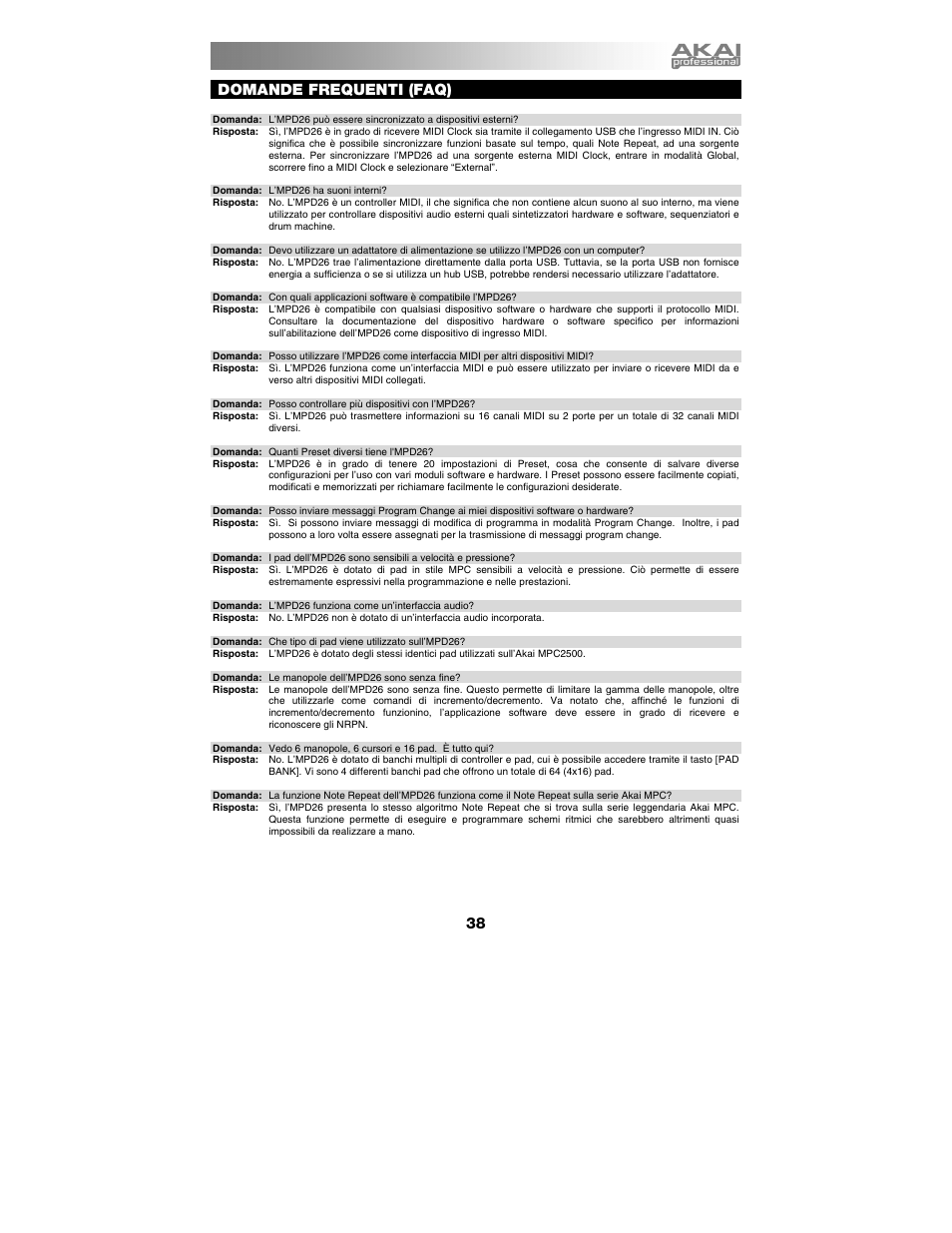 Domande frequenti (faq) | Akai mpd26 User Manual | Page 39 / 52