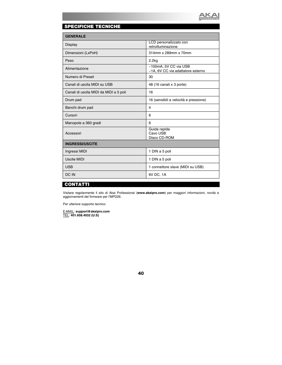Specifiche tecniche, Contatti | Akai mpd26 User Manual | Page 41 / 52