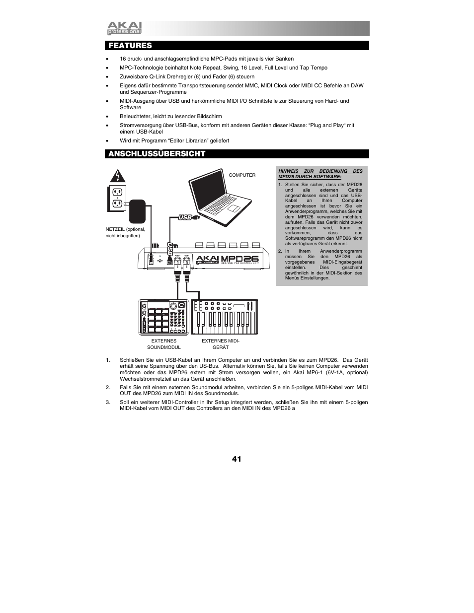 Deutsch, Features, Anschlussübersicht | Akai mpd26 User Manual | Page 42 / 52