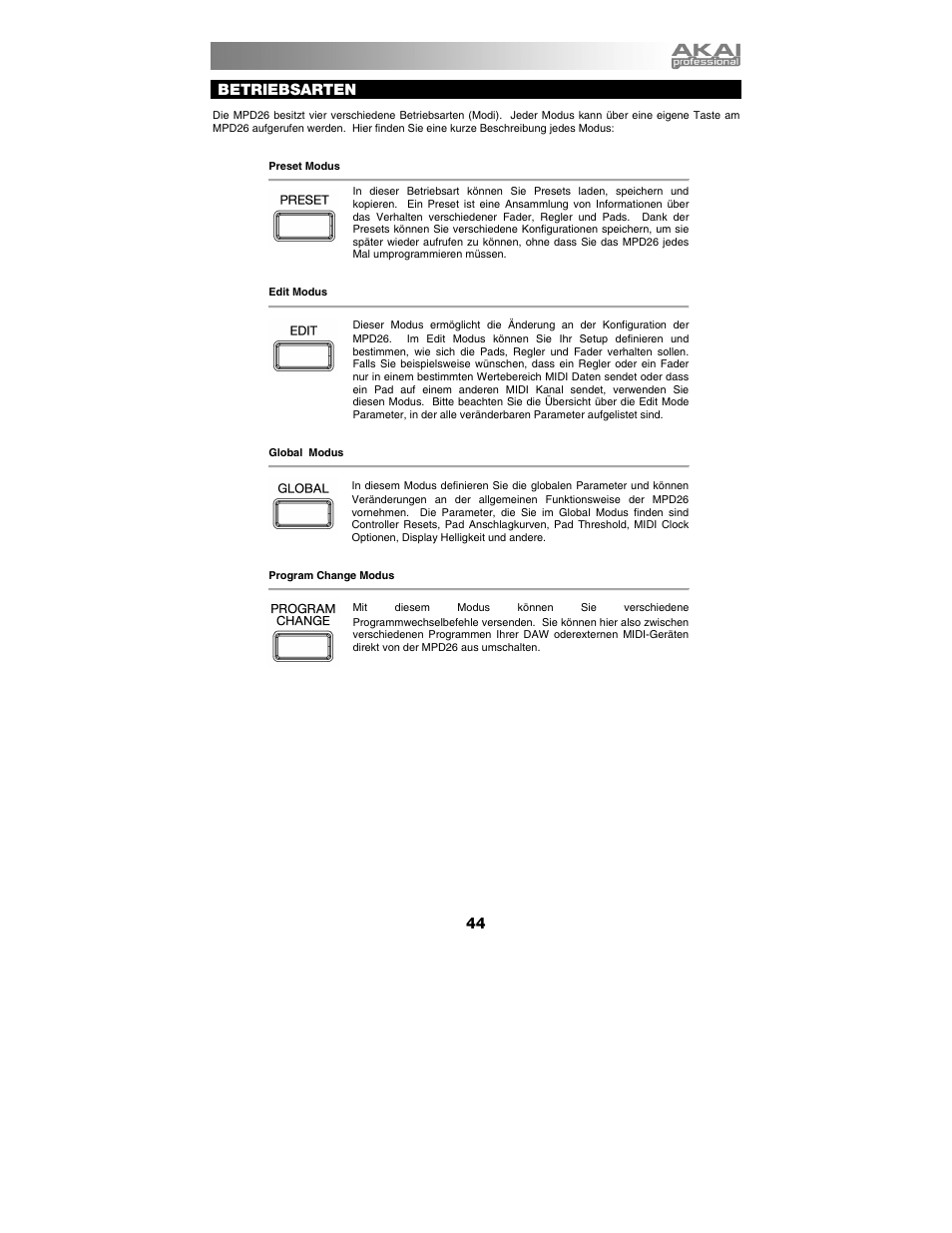Betriebsarten | Akai mpd26 User Manual | Page 45 / 52