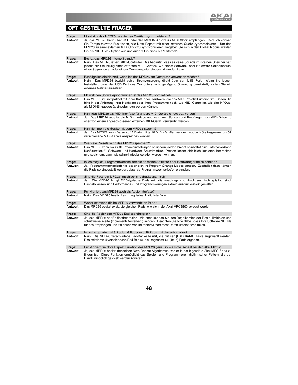 Oft gestellte fragen | Akai mpd26 User Manual | Page 49 / 52