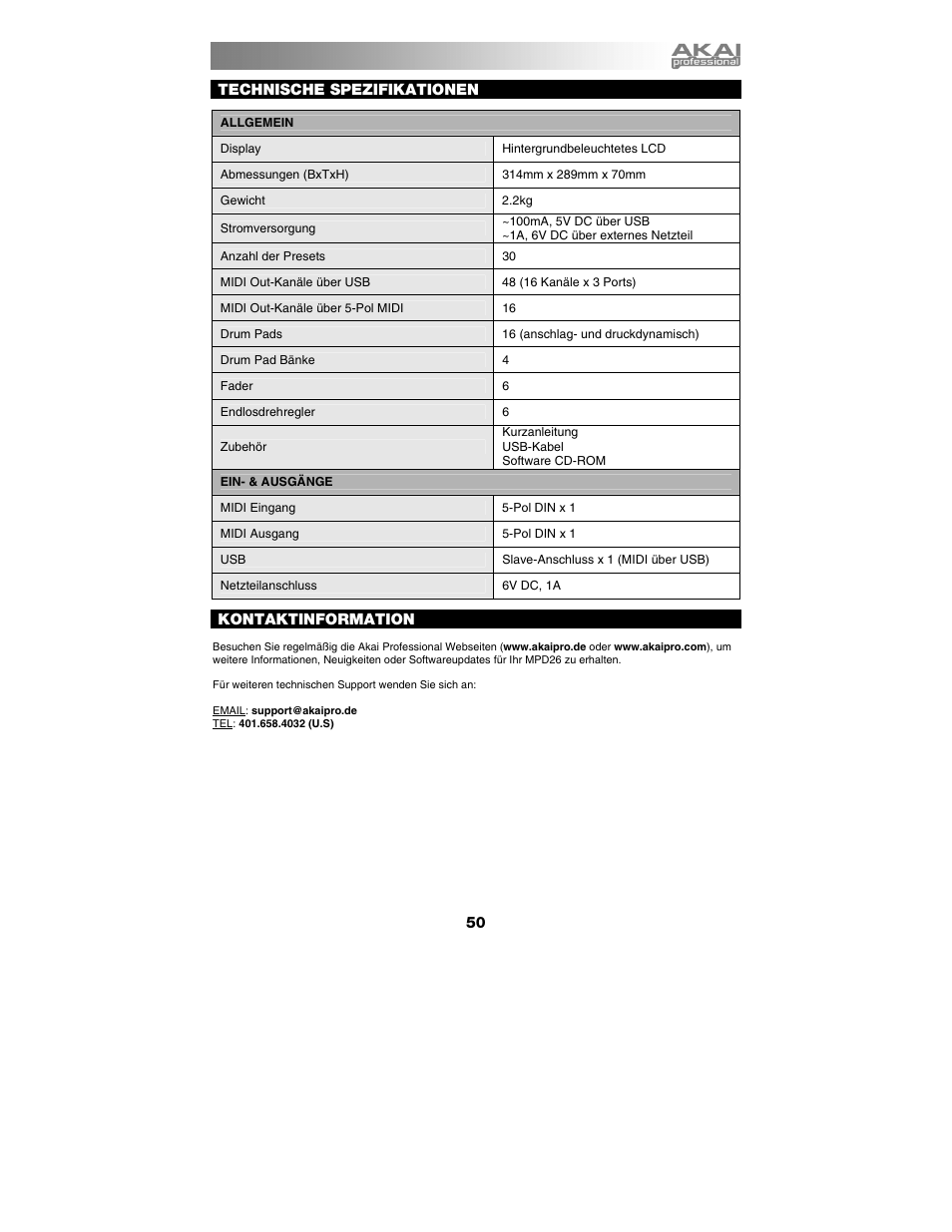 Technische spezifikationen, Kontaktinformation | Akai mpd26 User Manual | Page 51 / 52