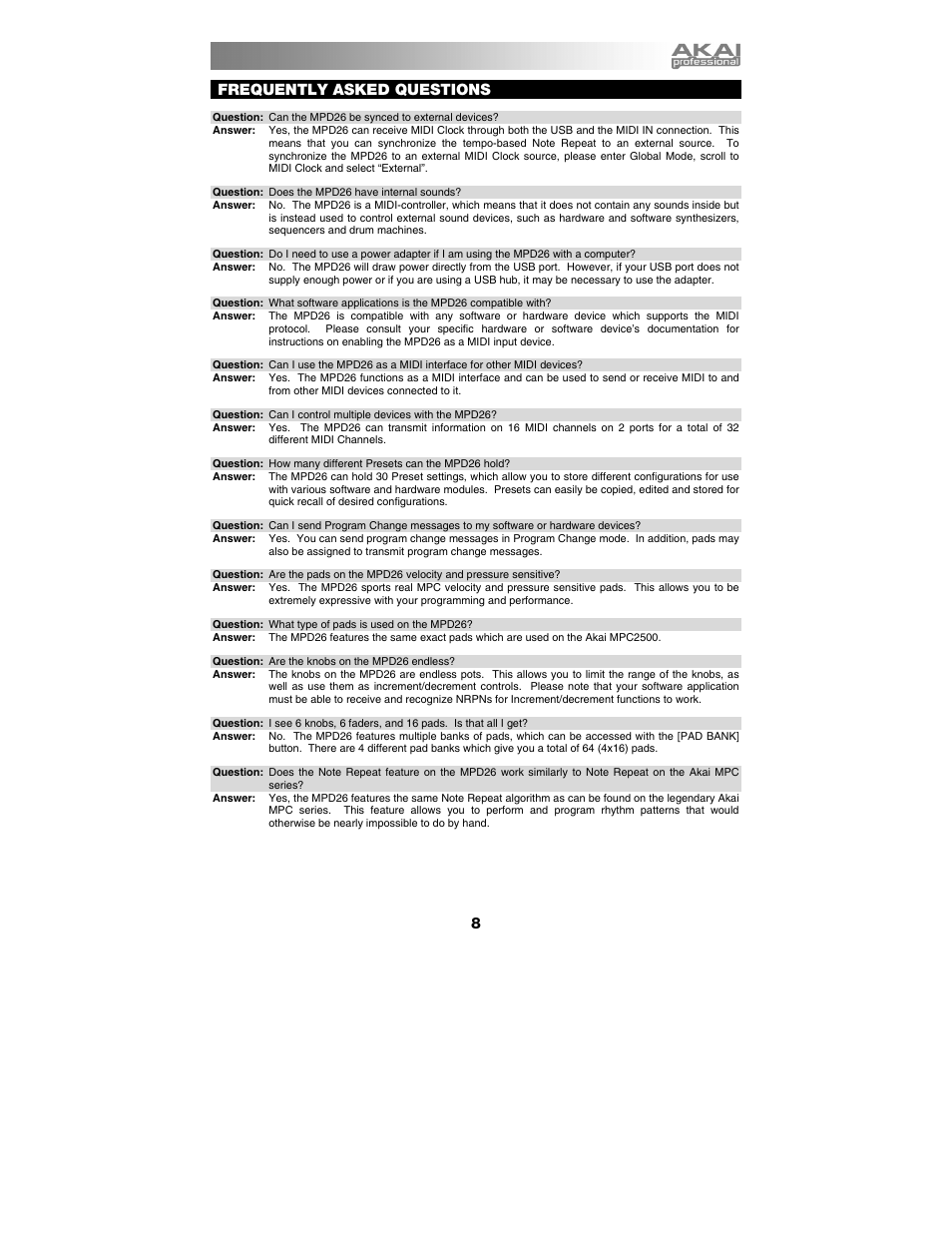 Frequently asked questions | Akai mpd26 User Manual | Page 9 / 52