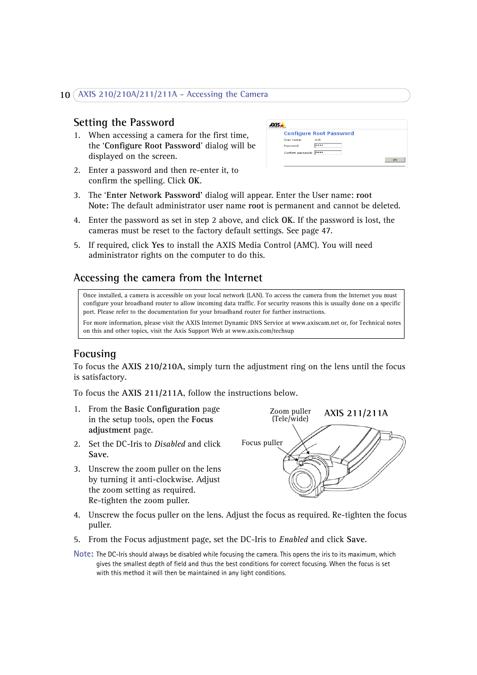 Setting the password, Accessing the camera from the internet, Focusing | Accessing the camera from the internet focusing | Axis Communications 210 User Manual | Page 10 / 66