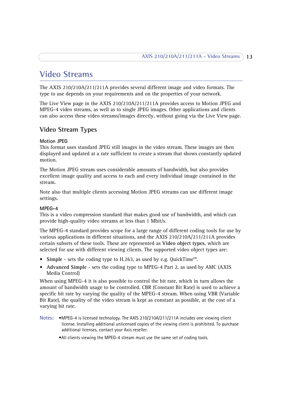 Video streams, Video stream types | Axis Communications 210 User Manual | Page 13 / 66