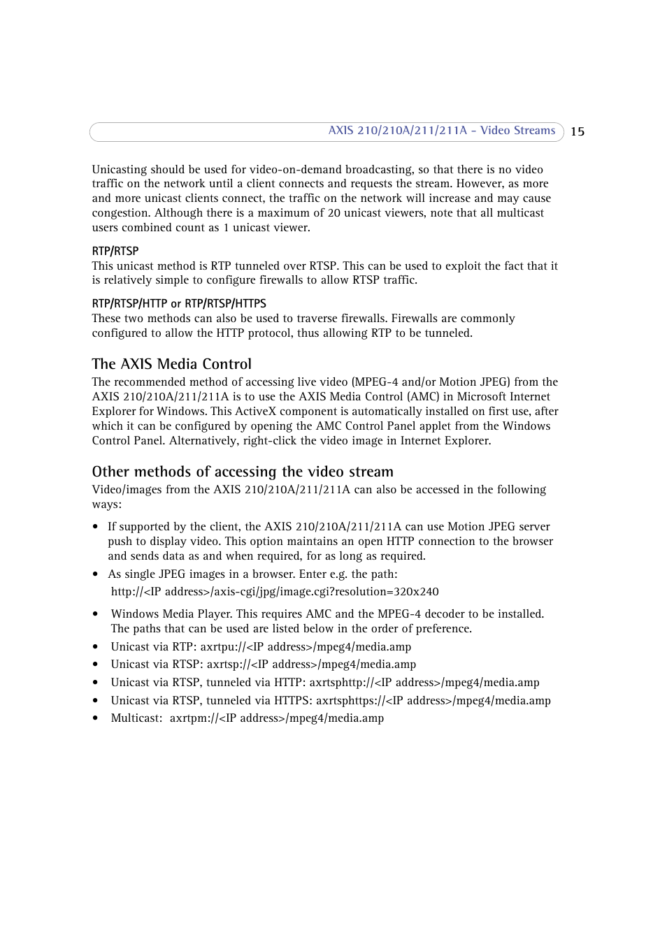 The axis media control, Other methods of accessing the video stream | Axis Communications 210 User Manual | Page 15 / 66