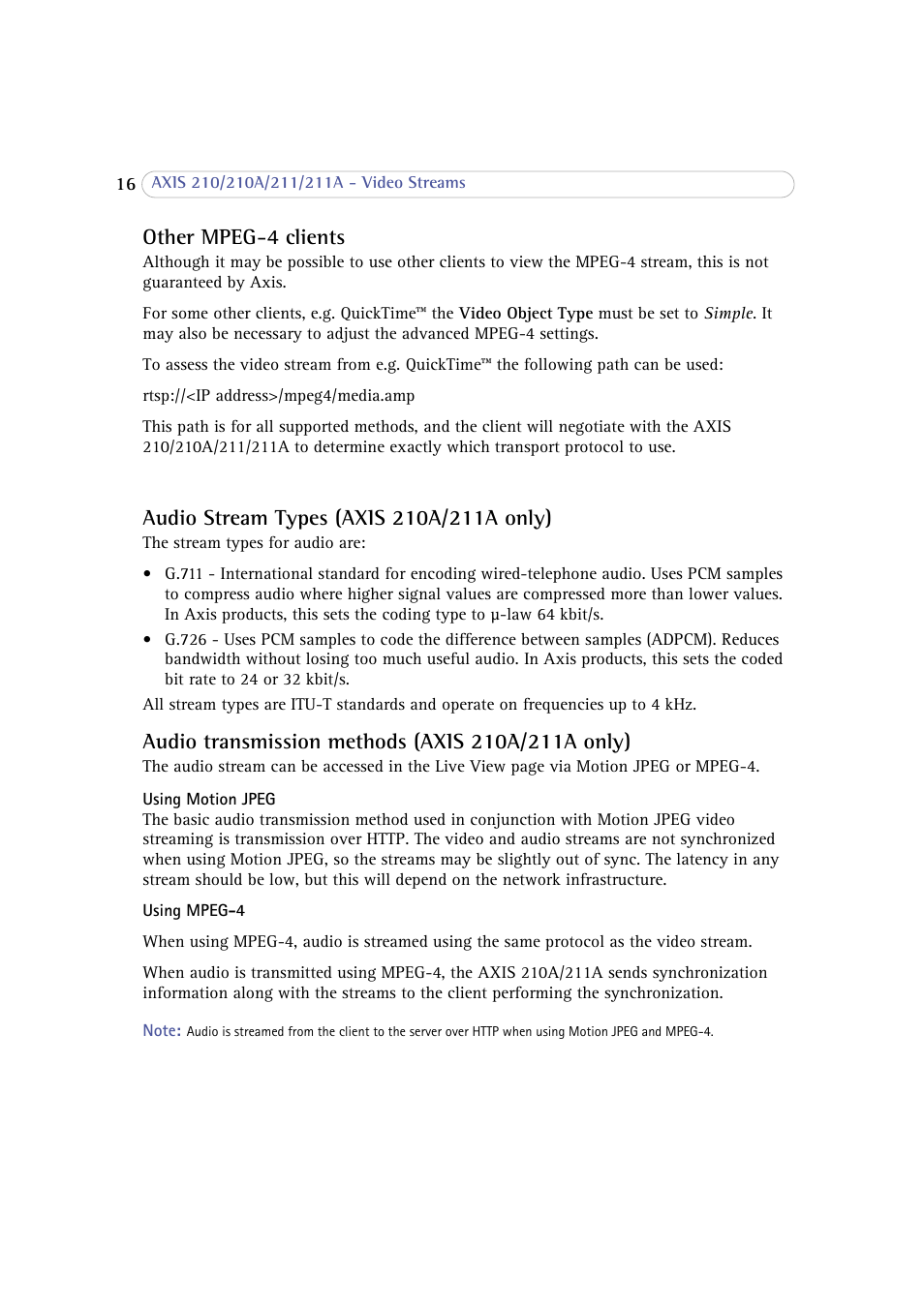 Audio stream types (axis 210a/211a only), Other mpeg-4 clients | Axis Communications 210 User Manual | Page 16 / 66
