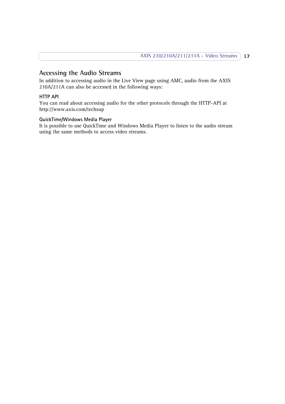 Accessing the audio streams | Axis Communications 210 User Manual | Page 17 / 66