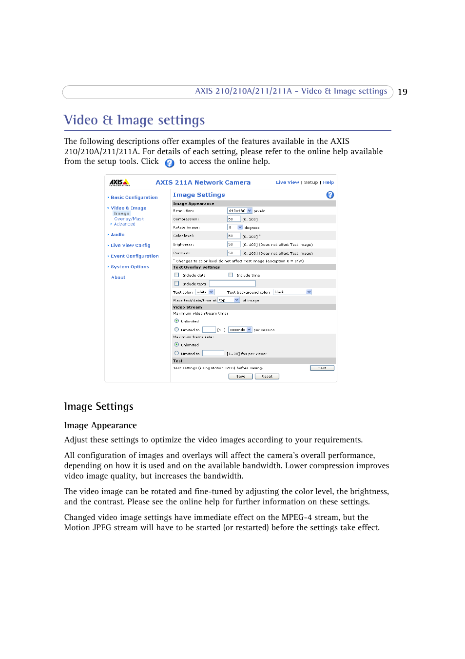 Video & image settings, Image settings | Axis Communications 210 User Manual | Page 19 / 66